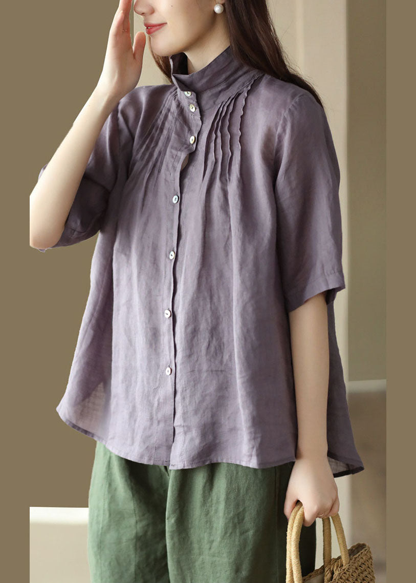 Modern Purple Button Wrinkled Patchwork Linen Shirts Summer