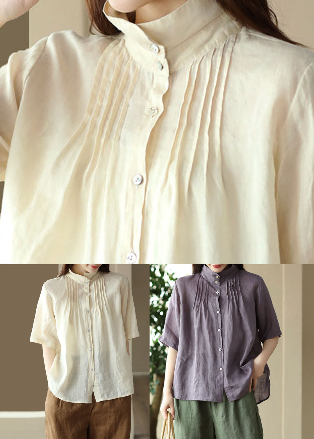 Modern Purple Button Wrinkled Patchwork Linen Shirts Summer