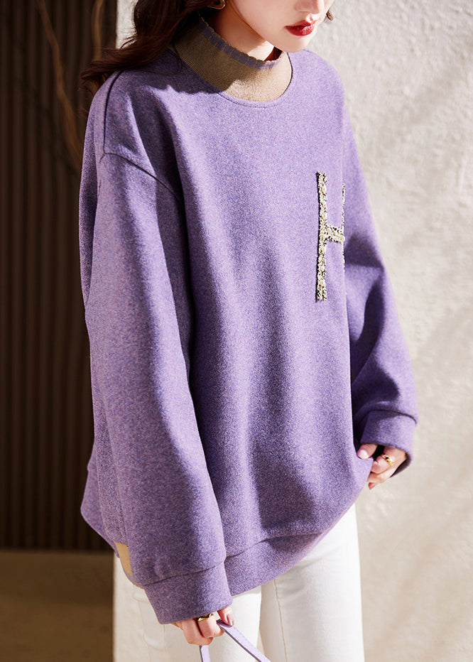 Modern Purple Half Hign Neck Nail Bead Patchwork Woolen Pullover Sweatshirt Fall