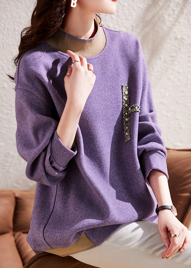 Modern Purple Half Hign Neck Nail Bead Patchwork Woolen Pullover Sweatshirt Fall