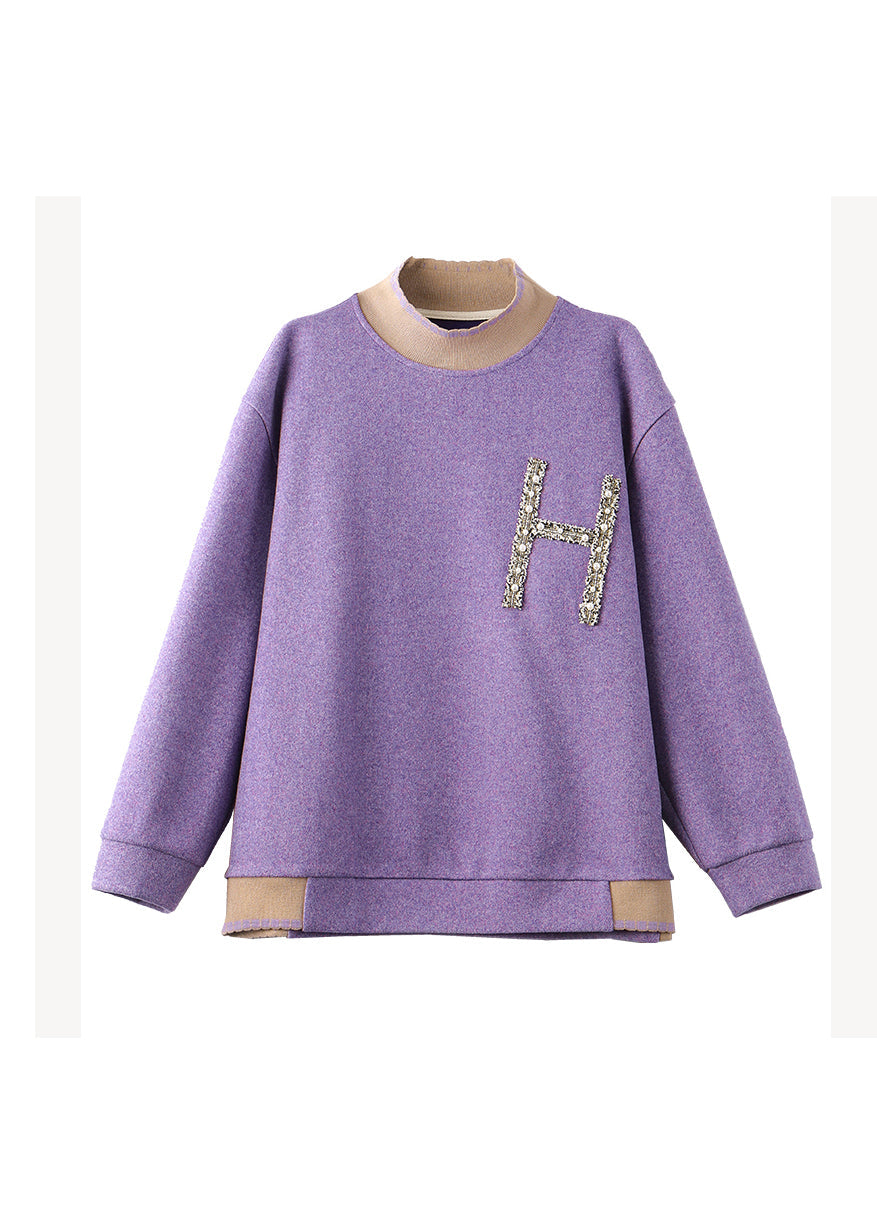 Modern Purple Half Hign Neck Nail Bead Patchwork Woolen Pullover Sweatshirt Fall