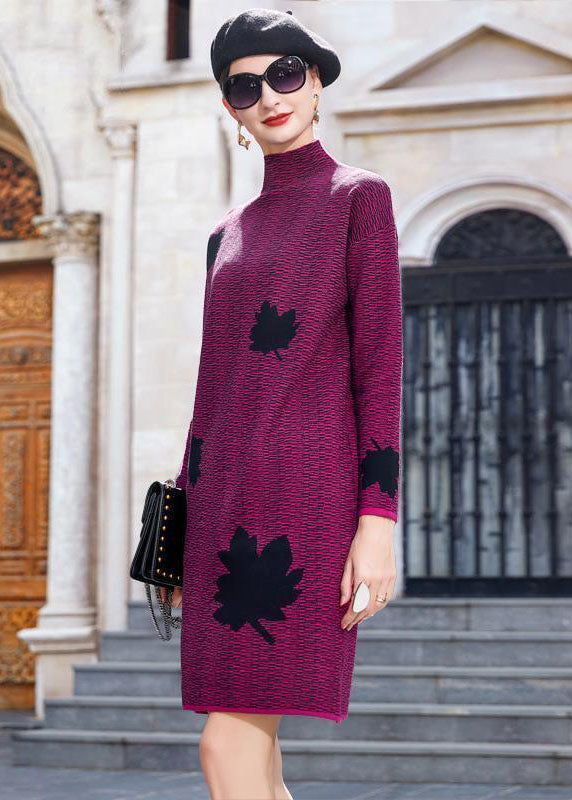 Modern Purple High Neck Maple Leaves Jacquard Knit Long Sweater Winter