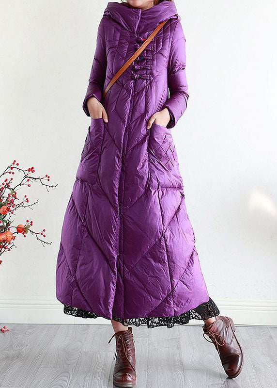 Modern Purple Hooded Oriental Button Lengthen Duck Down Puffer Coat Winter
