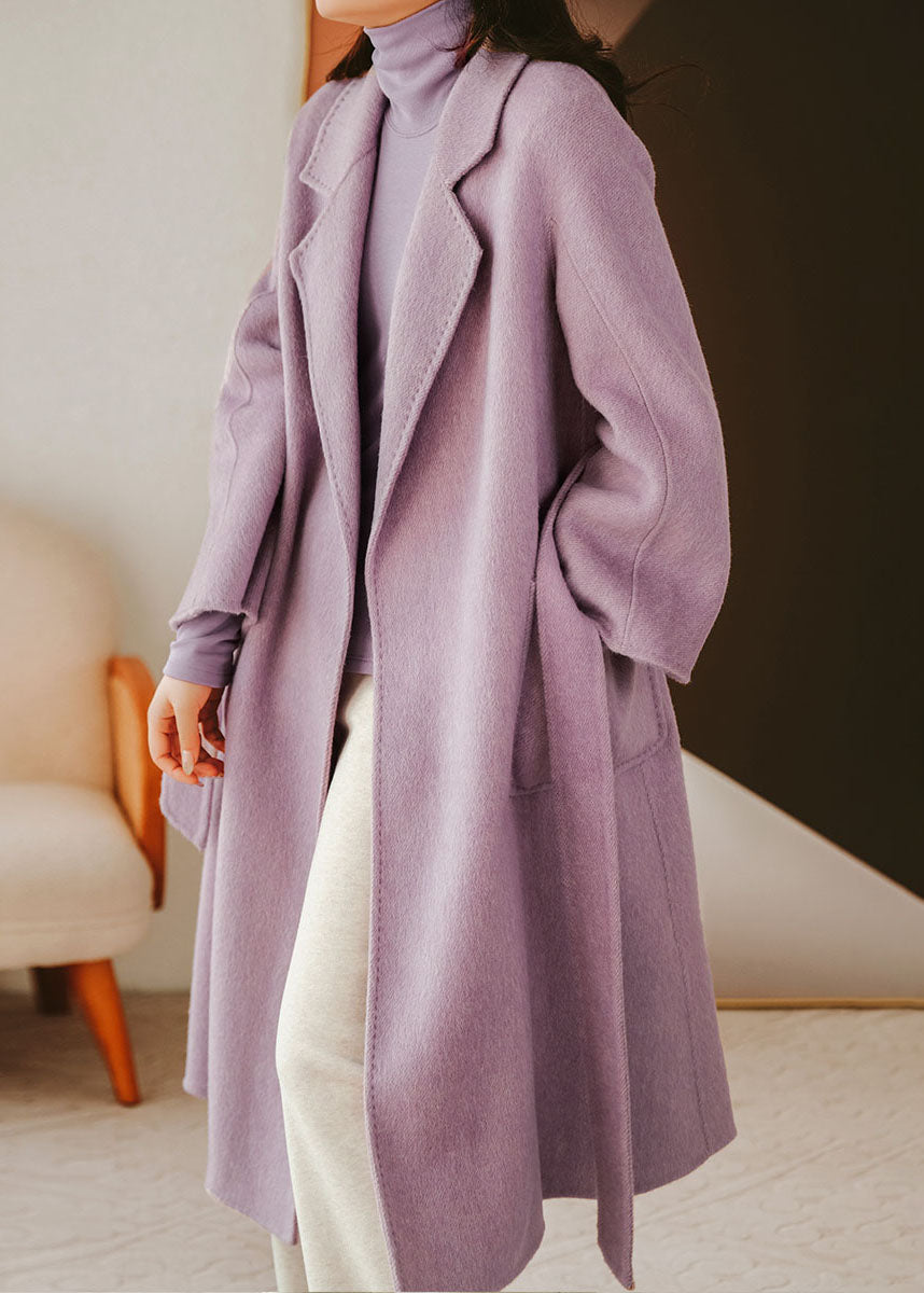 Modern Purple Notched Collar Solid Color Sashes Woolen Coat Winter