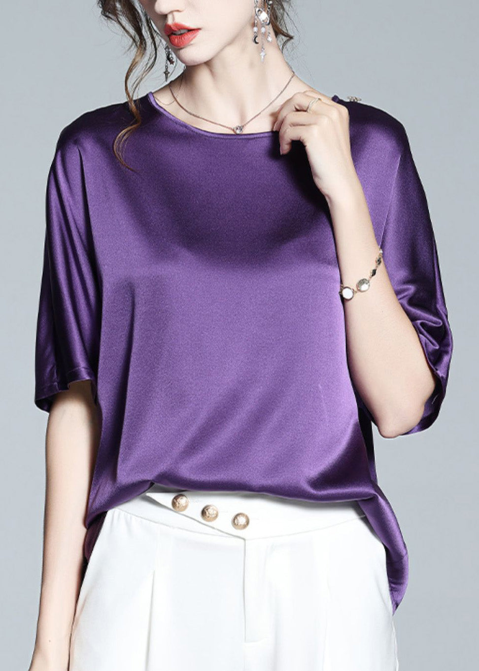 Modern Purple O-Neck Solid Silk Top Short Sleeve