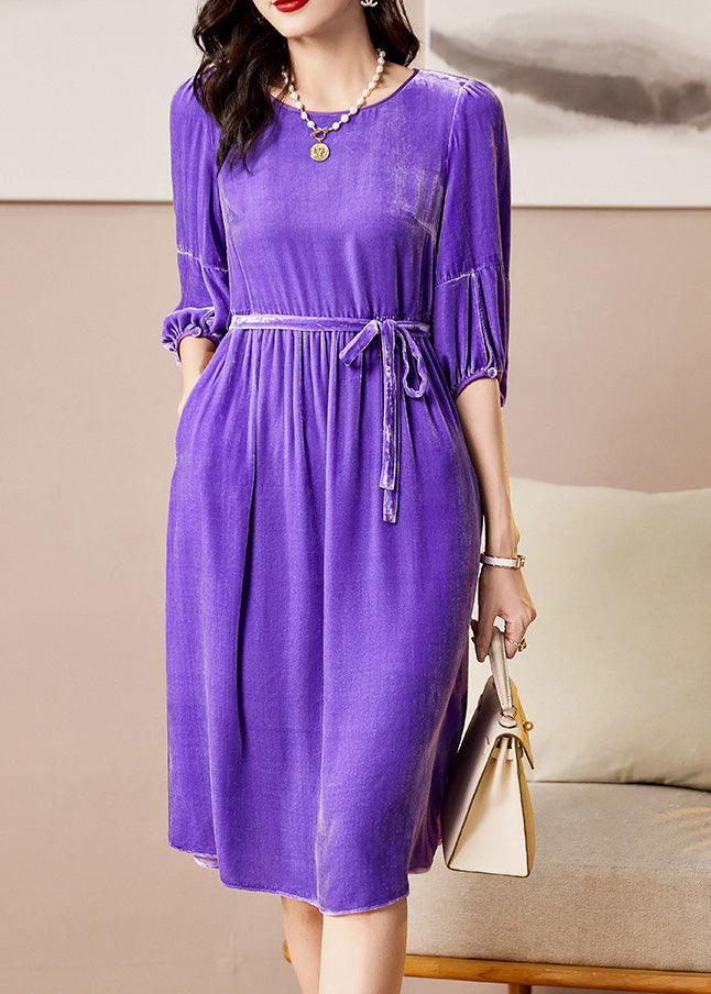 Modern Purple O-Neck Tie Waist Long Dresses Spring