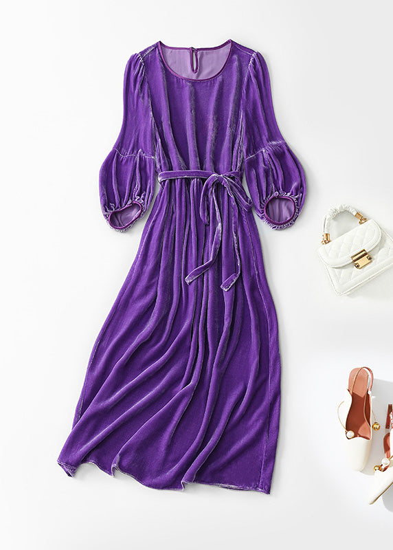 Modern Purple O-Neck Tie Waist Long Dresses Spring