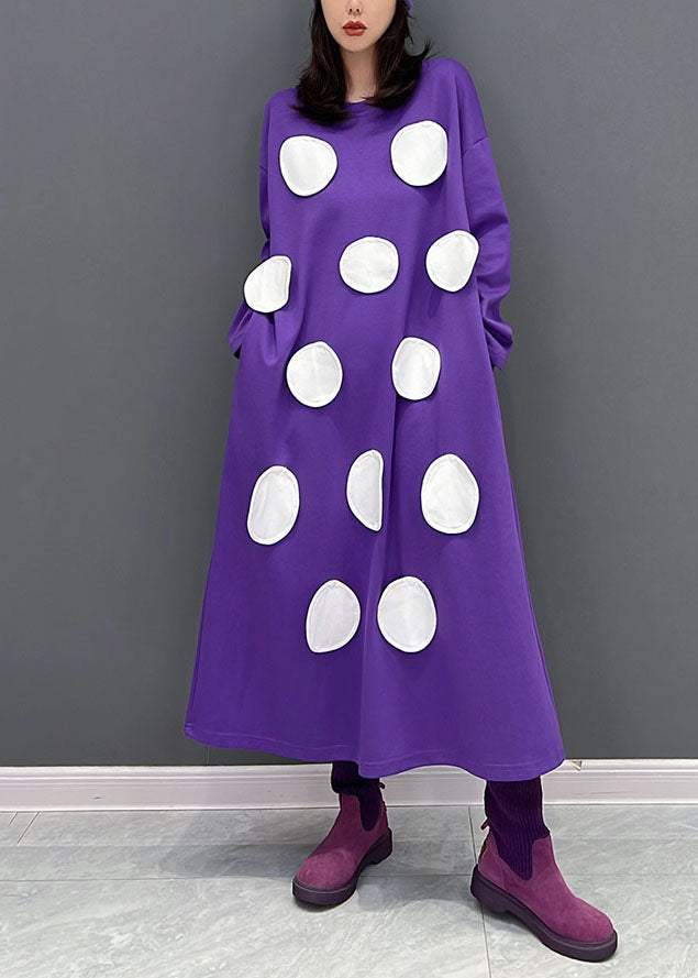 Modern Purple Oversized Dot Applique Cotton Pullover Sweatshirt Dresses Fall