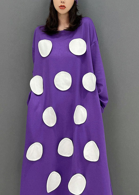 Modern Purple Oversized Dot Applique Cotton Pullover Sweatshirt Dresses Fall