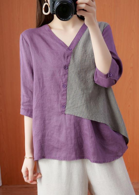 Modern Purple Patchwork asymmetrical design Cotton Linen Shirt Top Summer - Omychic