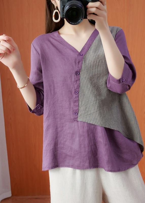 Modern Purple Patchwork asymmetrical design Cotton Linen Shirt Top Summer - Omychic