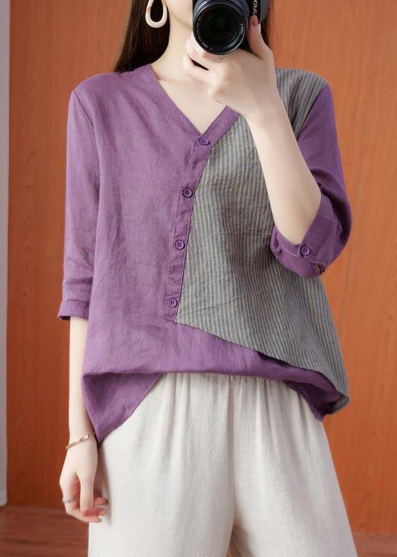 Modern Purple Patchwork asymmetrical design Cotton Linen Shirt Top Summer - Omychic