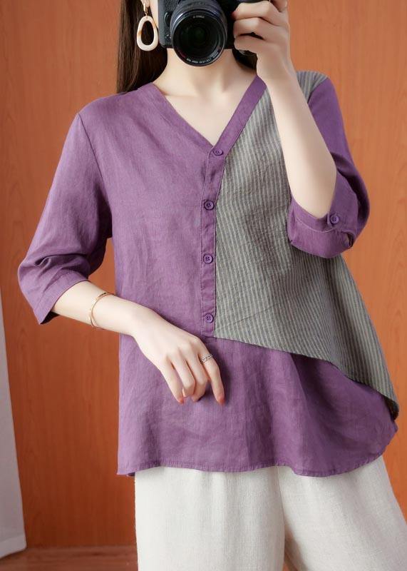 Modern Purple Patchwork asymmetrical design Cotton Linen Shirt Top Summer - Omychic