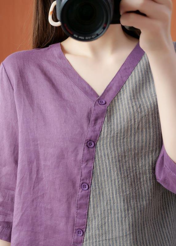 Modern Purple Patchwork asymmetrical design Cotton Linen Shirt Top Summer - Omychic