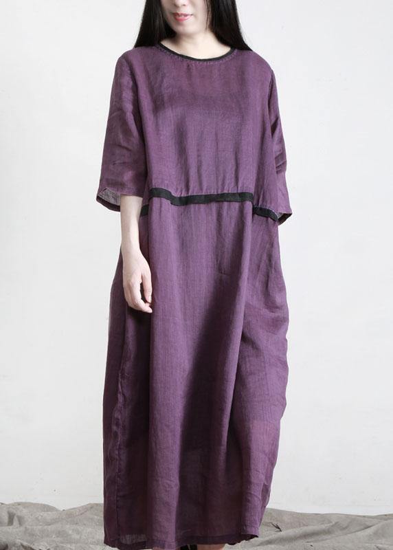 Modern Purple Pockets Linen Summer Maxi Dress - Omychic