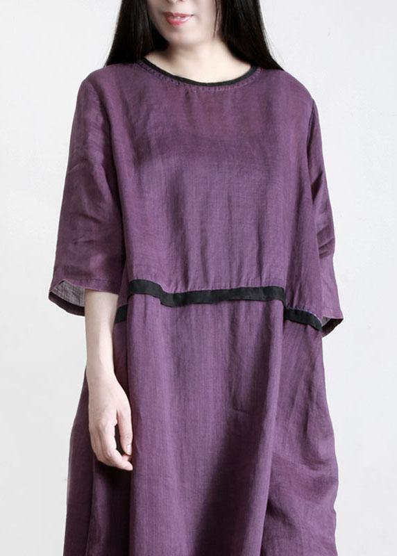 Modern Purple Pockets Linen Summer Maxi Dress - Omychic