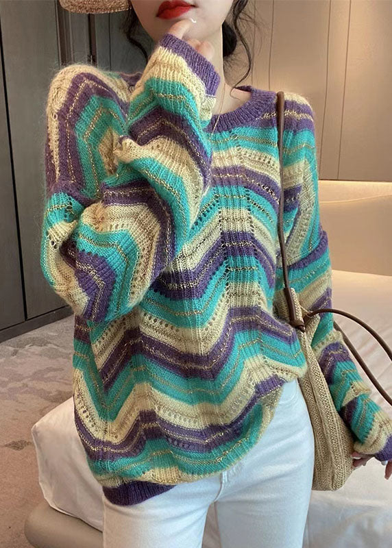 Modern Purple Striped Hollow Out Cotton Knit Sweater Fall