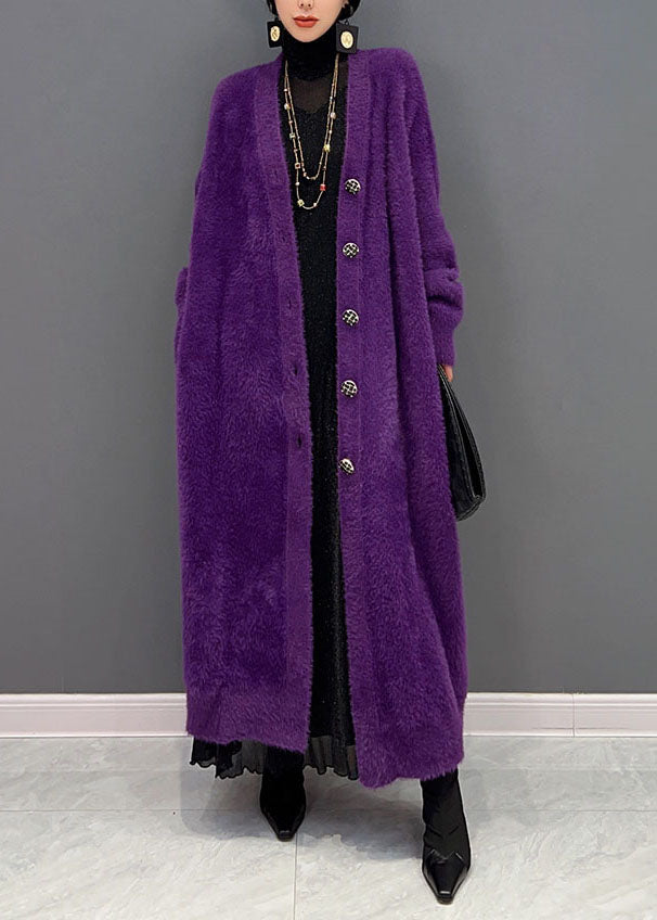Modern Purple V Neck Oversized Thick Mink Hair Knitted Long Cardigan - Omychic