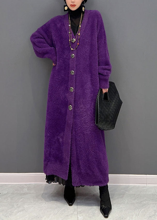Modern Purple V Neck Oversized Thick Mink Hair Knitted Long Cardigan - Omychic