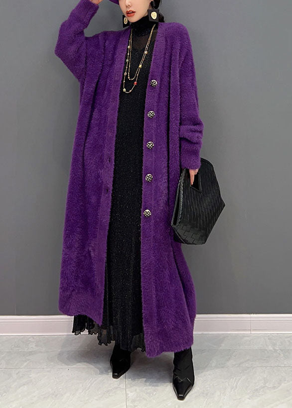 Modern Purple V Neck Oversized Thick Mink Hair Knitted Long Cardigan Winter