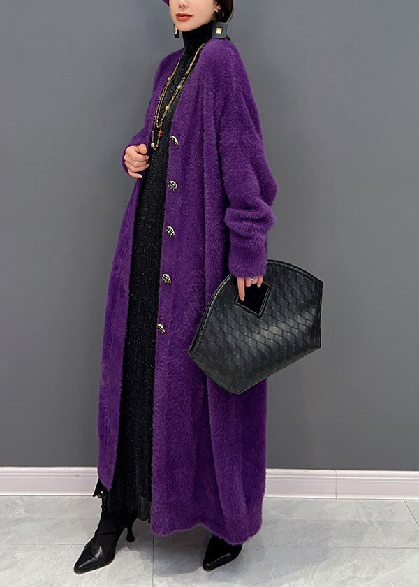 Modern Purple V Neck Oversized Thick Mink Hair Knitted Long Cardigan - Omychic
