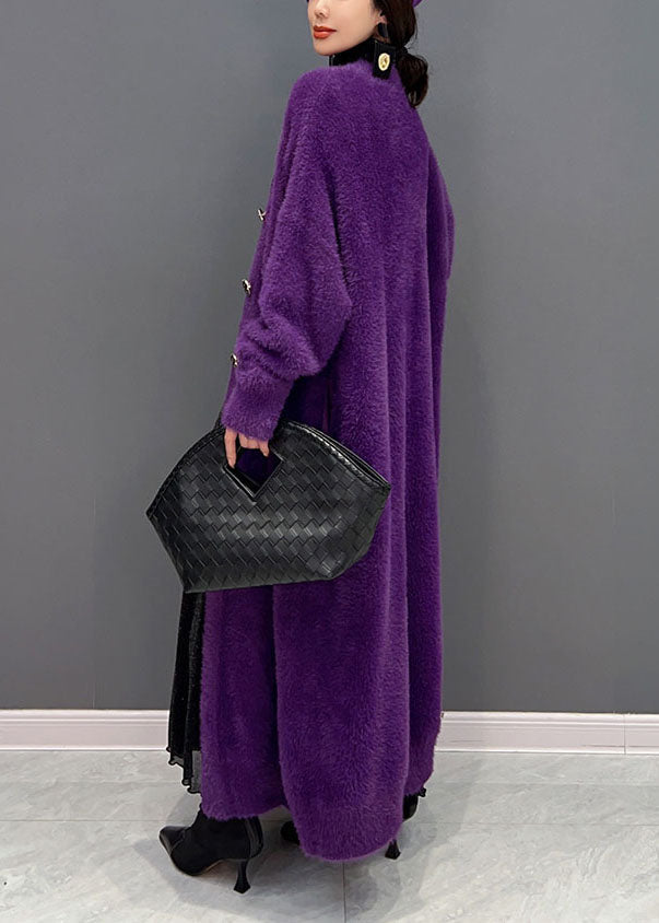 Modern Purple V Neck Oversized Thick Mink Hair Knitted Long Cardigan - Omychic