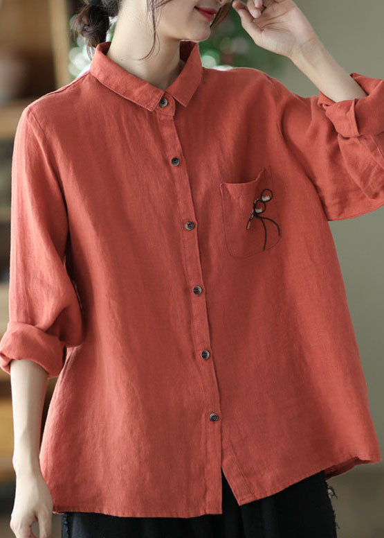 Modern Red Embroideried Button Patchwork Linen Shirt Top Spring