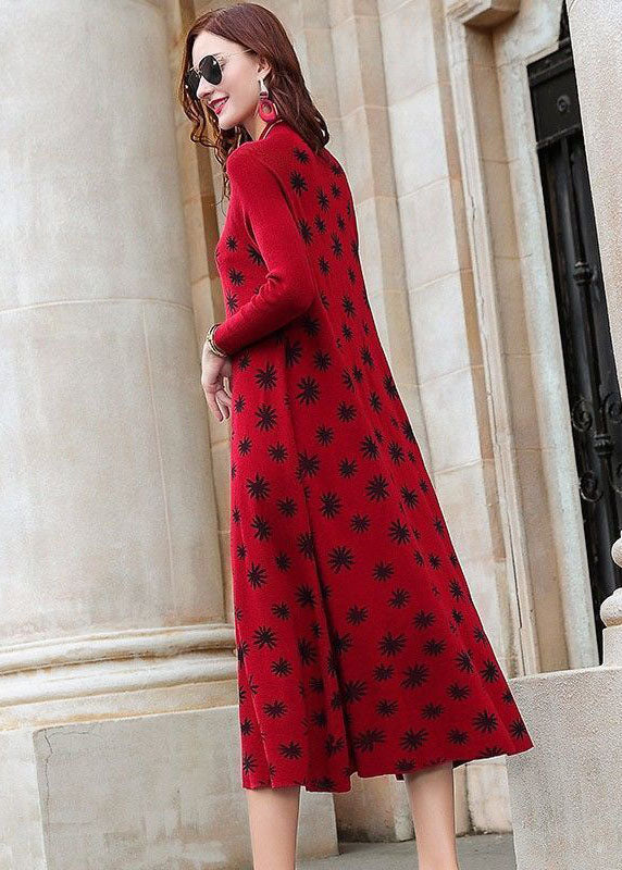 Modern Red High Neck Print Exra Large Hem Fine Knitted Long Dress Long Sleeve