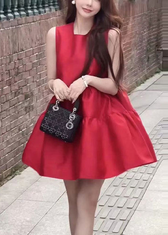 Modern Red O-Neck Wrinkled Solid Mid Dresses Summer