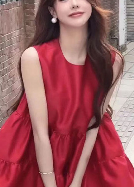 Modern Red O-Neck Wrinkled Solid Mid Dresses Summer