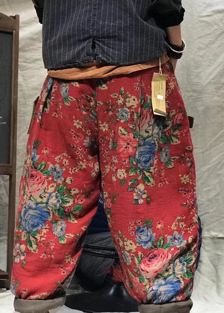Modern Red Oriental Print Thick Harem Winter Pants - Omychic