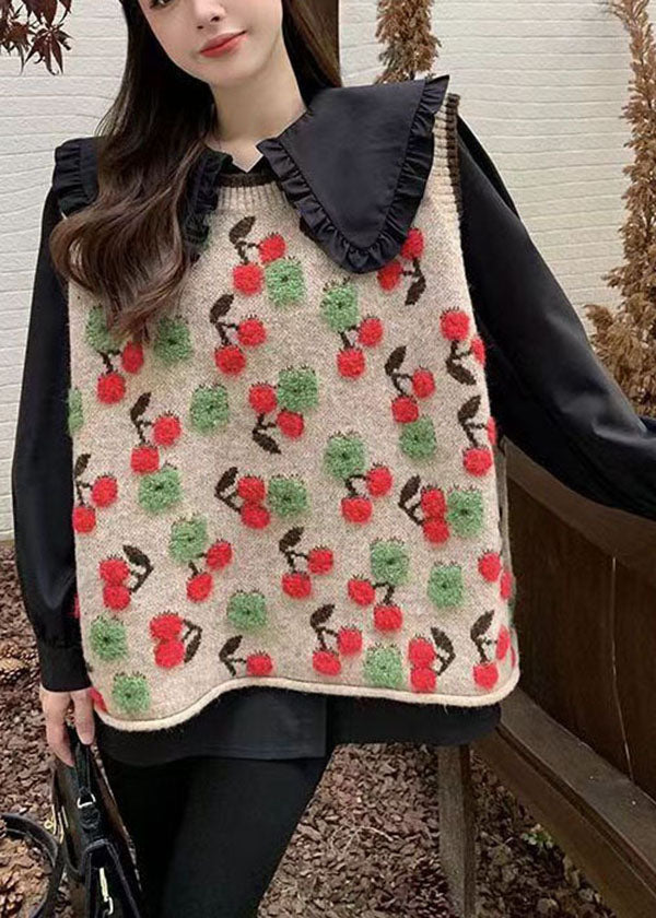 Modern Red Oversized Cherry Jacquard Knit Vest Top Winter