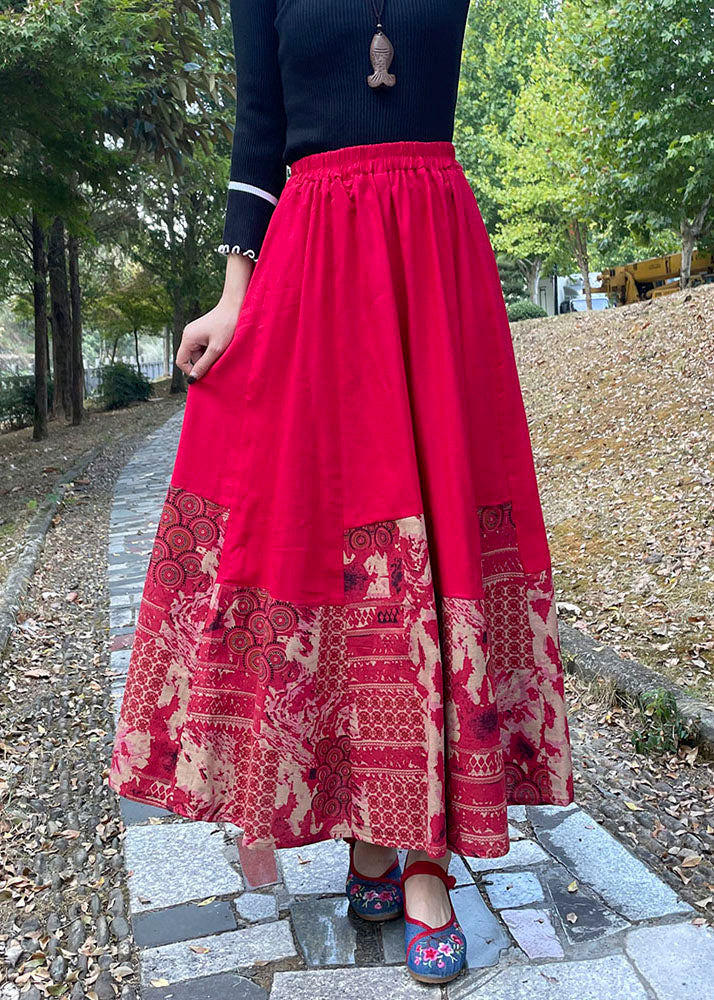 Modern Red Print Elastic Waist Maxi Skirts Fall