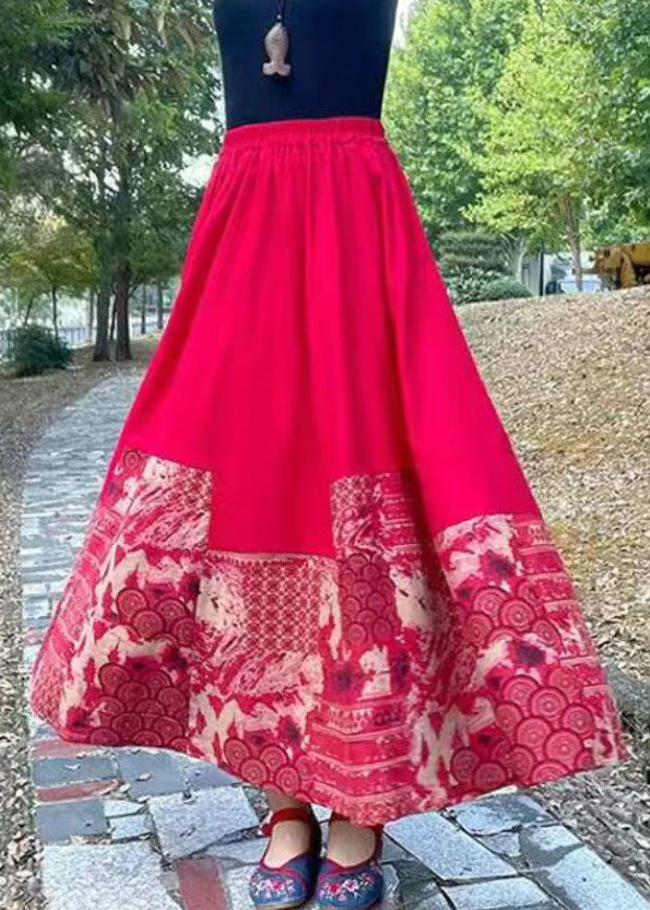 Modern Red Print Elastic Waist Maxi Skirts Fall