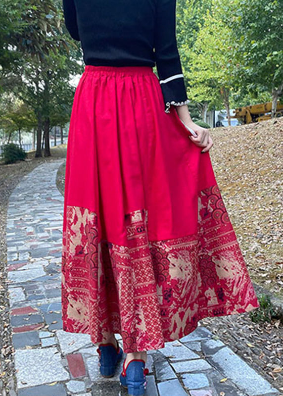 Modern Red Print Elastic Waist Maxi Skirts Fall