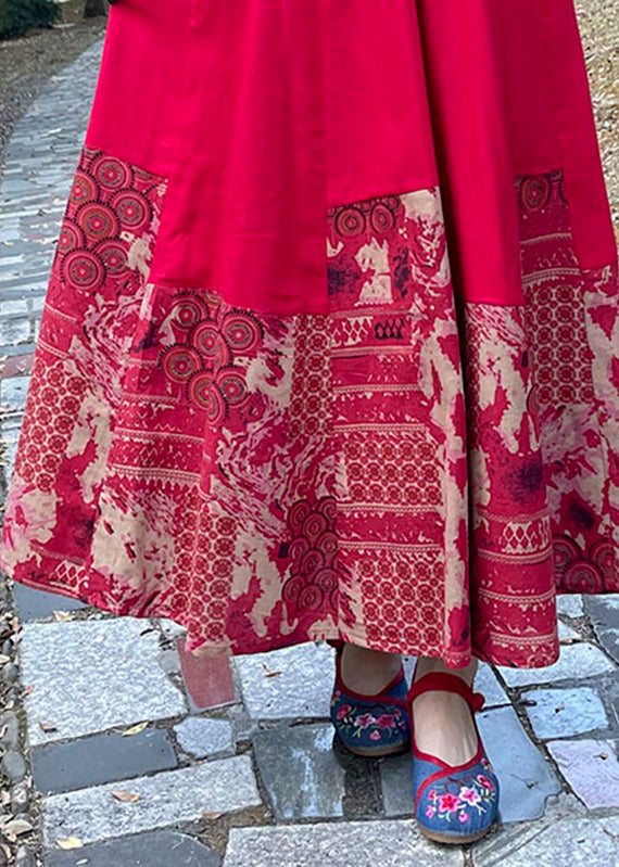 Modern Red Print Elastic Waist Maxi Skirts Fall