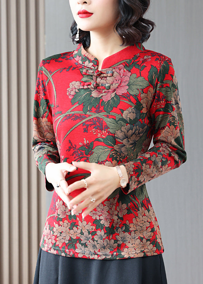 Modern Red Stand Collar Print Button Velour Shirt Long Sleeve