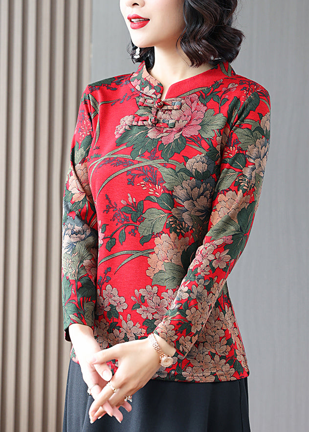 Modern Red Stand Collar Print Button Velour Shirt Long Sleeve