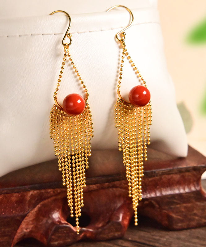 Modern Red Sterling Silver Overgild Agate Drop Earrings