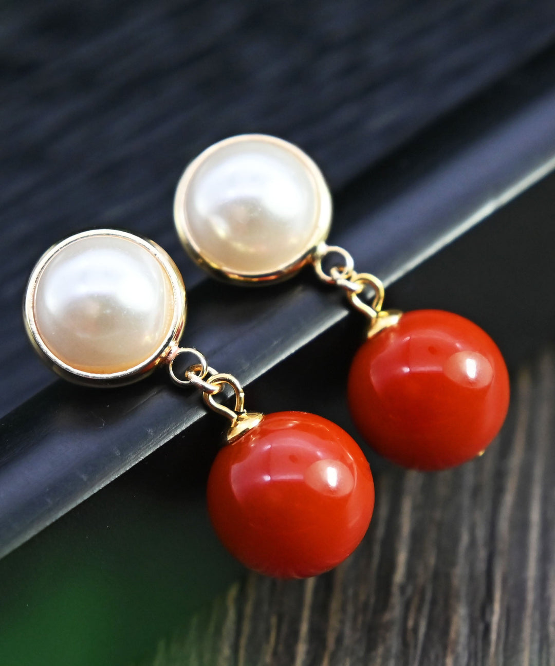 Modern Red Sterling Silver Overgild Inlaid Gem Stone Pearl Drop Earrings