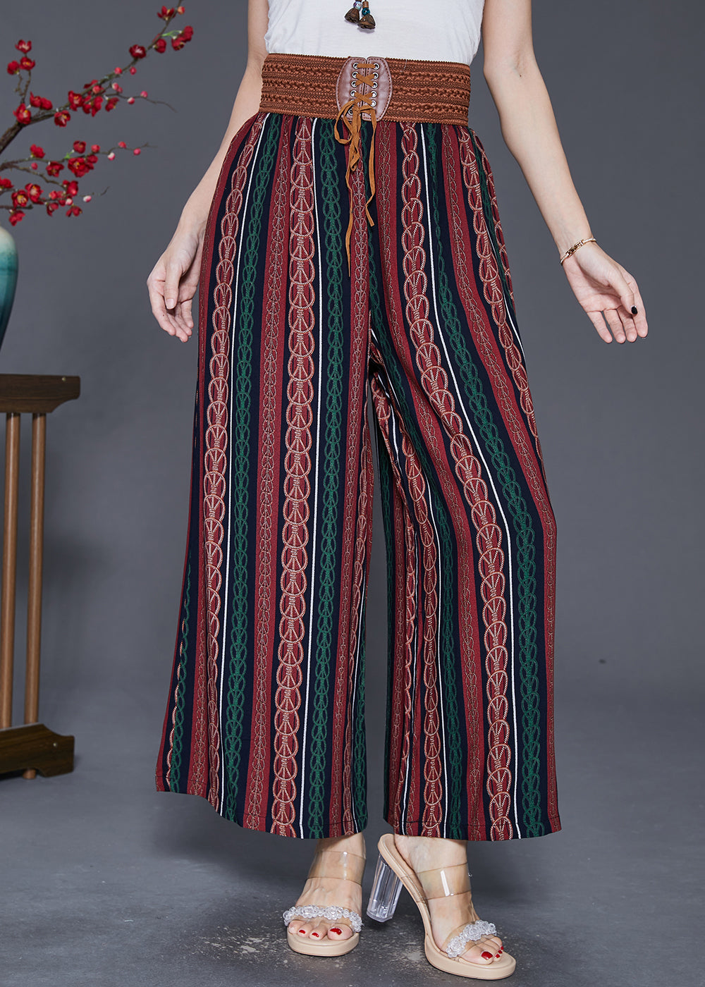 Modern Red Striped High Waist Chiffon Pants Fall