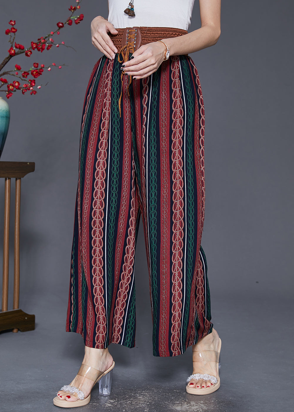 Modern Red Striped High Waist Chiffon Pants Fall