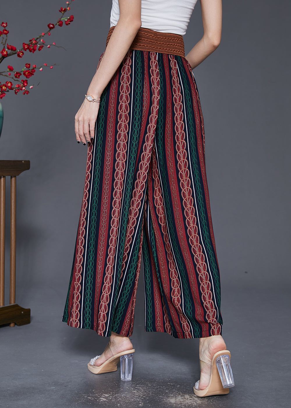 Modern Red Striped High Waist Chiffon Pants Fall