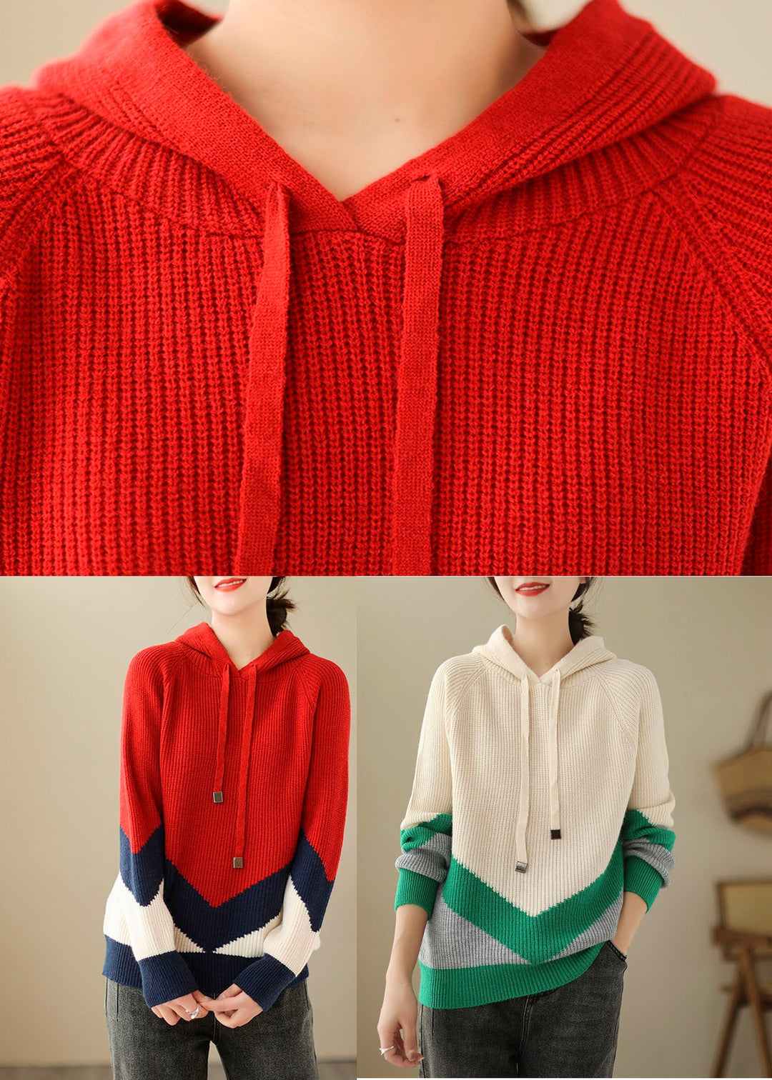 Modern Red Thick Patchwork Hooded Knit Pullover Fall