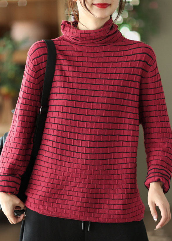 Modern Red Turtle Neck Striped Knit Loose Sweaters Winter