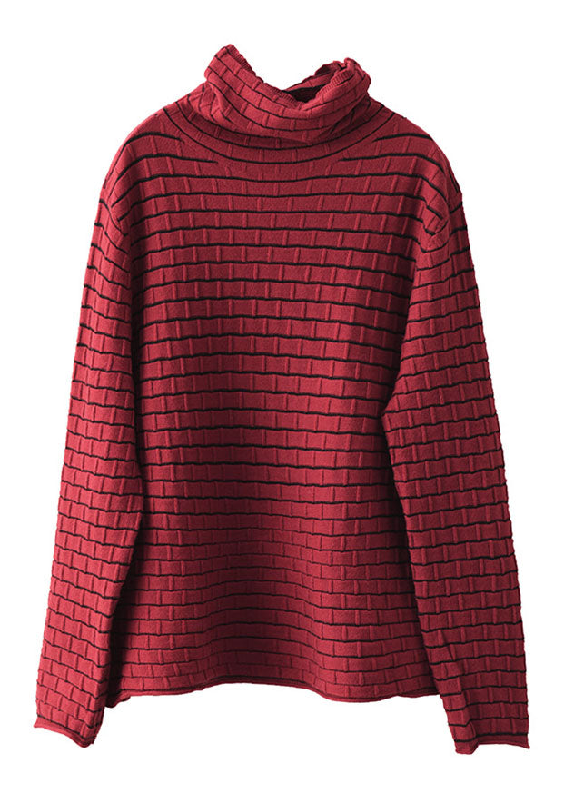 Modern Red Turtle Neck Striped Knit Loose Sweaters Winter