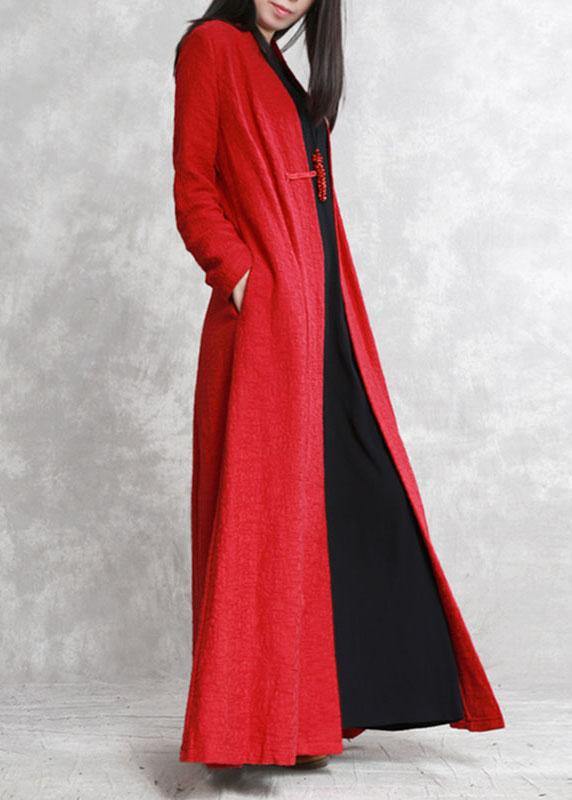 Modern Red V Neck Pockets Fall slim fit Coats Long sleeve - Omychic