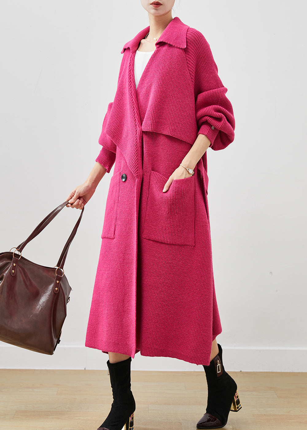 Modern Rose Oversized Pockets Knit Coat Outwear Spring