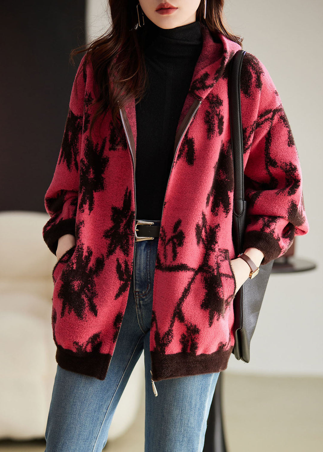 Modern Rose Print Zippered Thick Woolen Hoodies Coat Fall