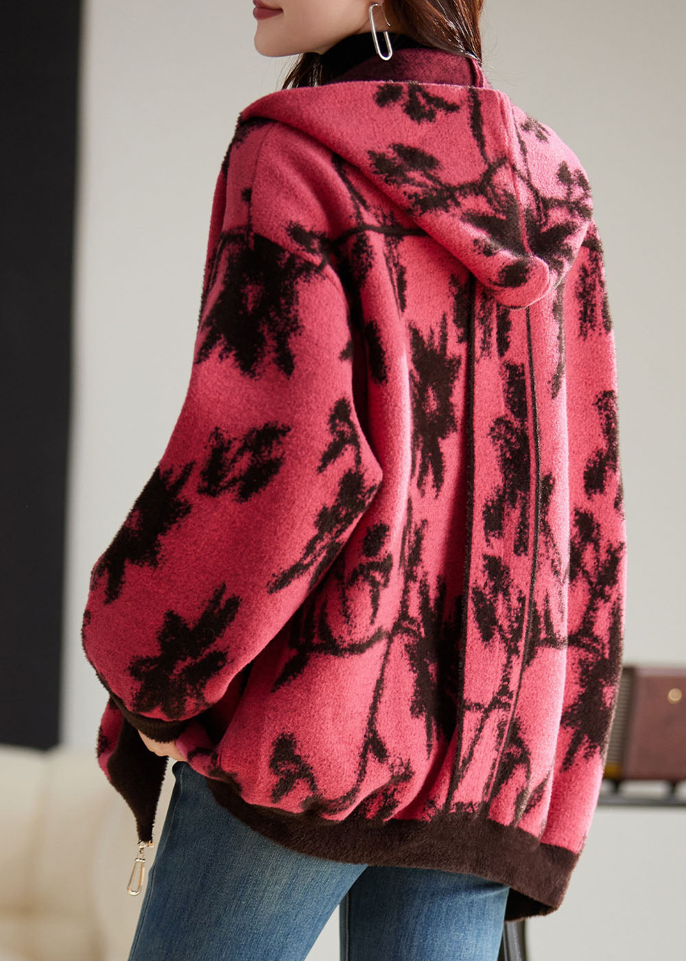 Modern Rose Print Zippered Thick Woolen Hoodies Coat Fall